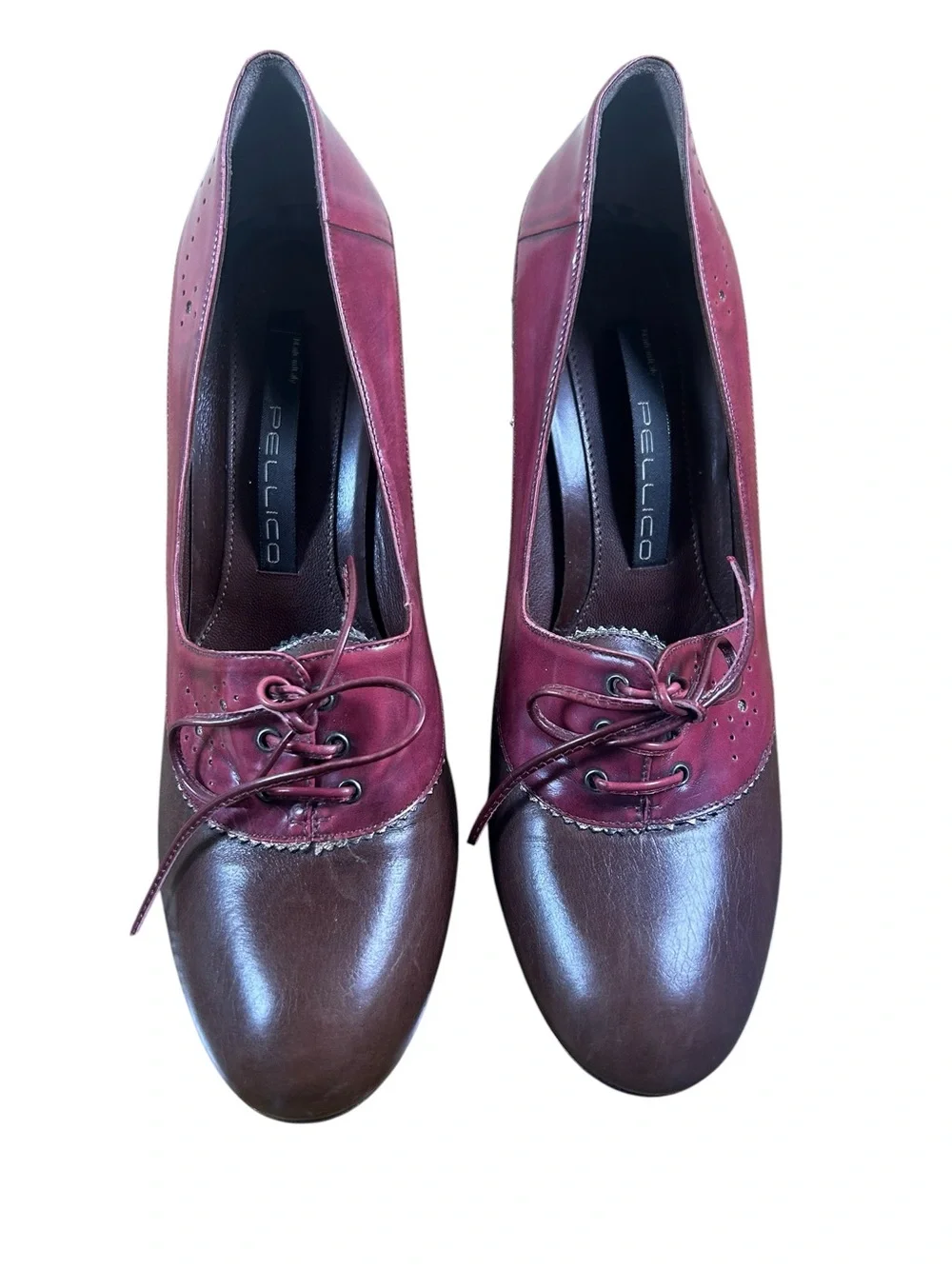 PELLICO Made in Italy Leather Lace Up Oxford Heels Burgundy Brown EU 39 US 8.5